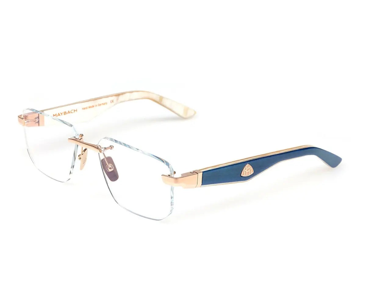 Eyeglasses with gold and blue frame on a white background