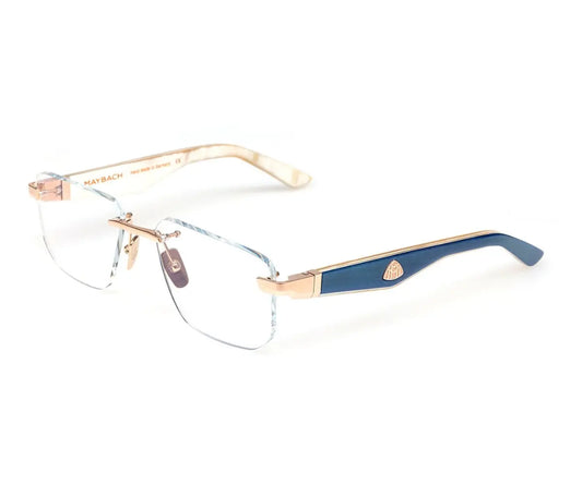 Eyeglasses with gold and blue frame on a white background