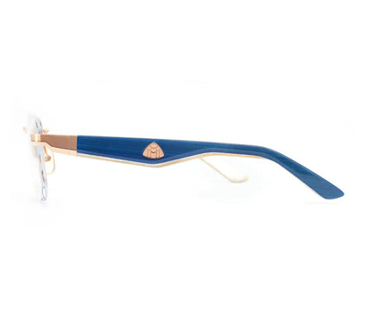 Blue eyeglasses with gold accents on a white background