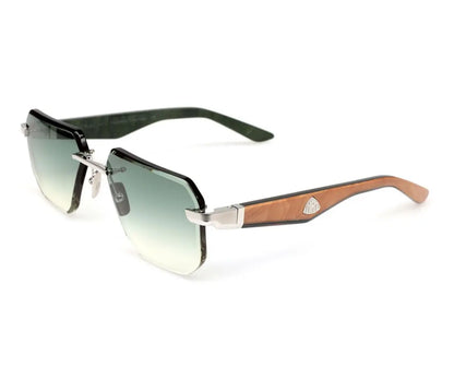 Sunglasses with gradient lenses and wooden arm on a white background