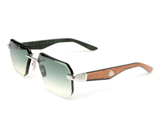 Sunglasses with gradient lenses and wooden arm on a white background