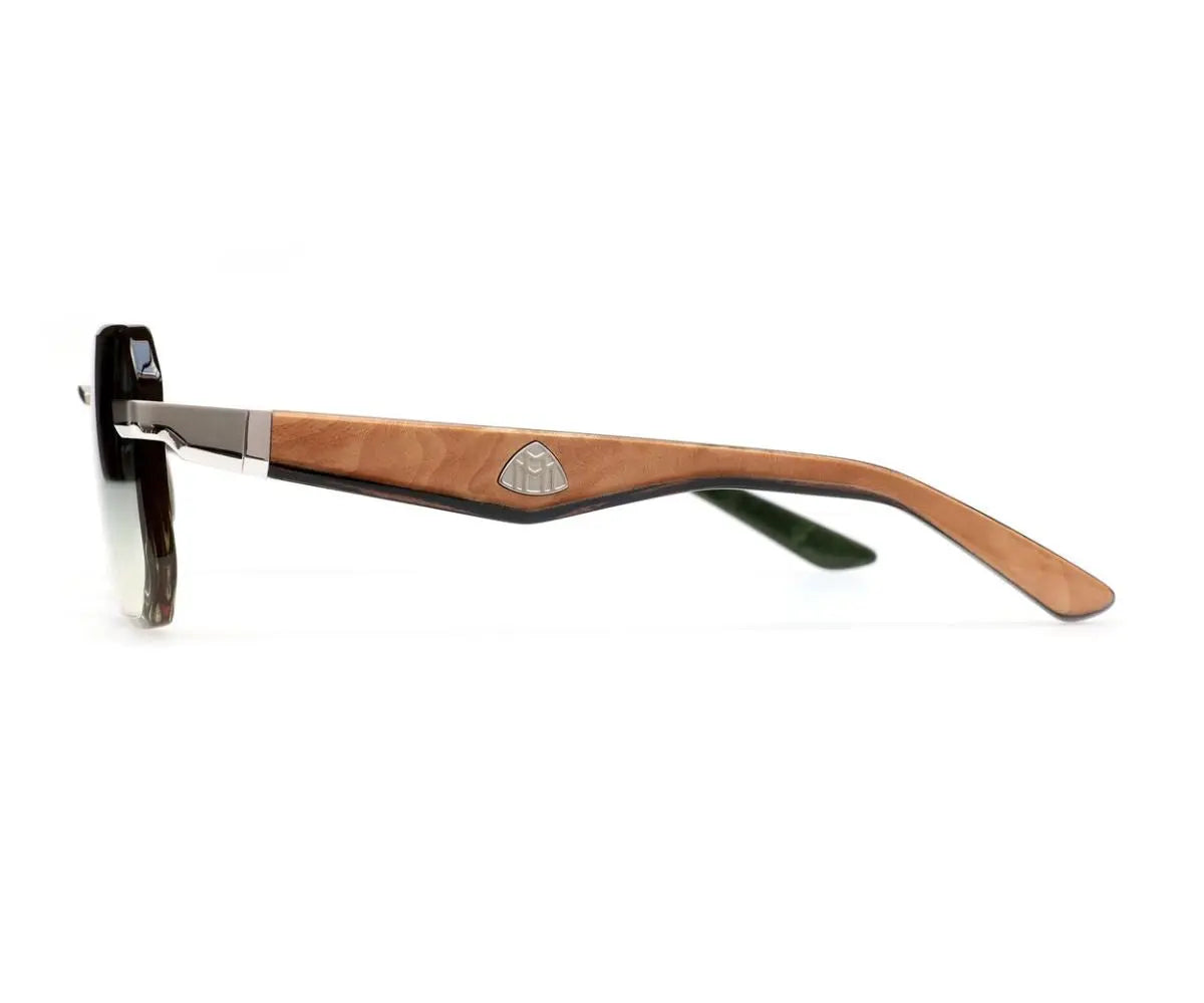 Sunglasses with wooden frame and reflective lenses on a white background