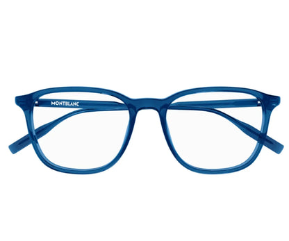 Blue Montblanc eyeglasses on a white background