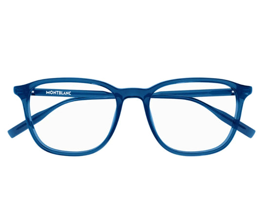 Blue Montblanc eyeglasses on a white background