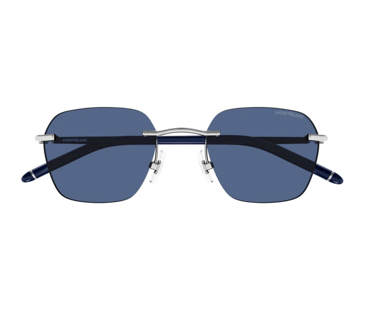 Sunglasses with blue lenses and silver frame on a white background
