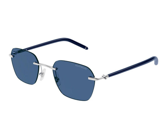 Sunglasses with blue lenses and navy blue frames on a white background