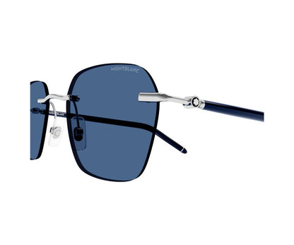 Sunglasses with blue lenses and silver frames on a white background