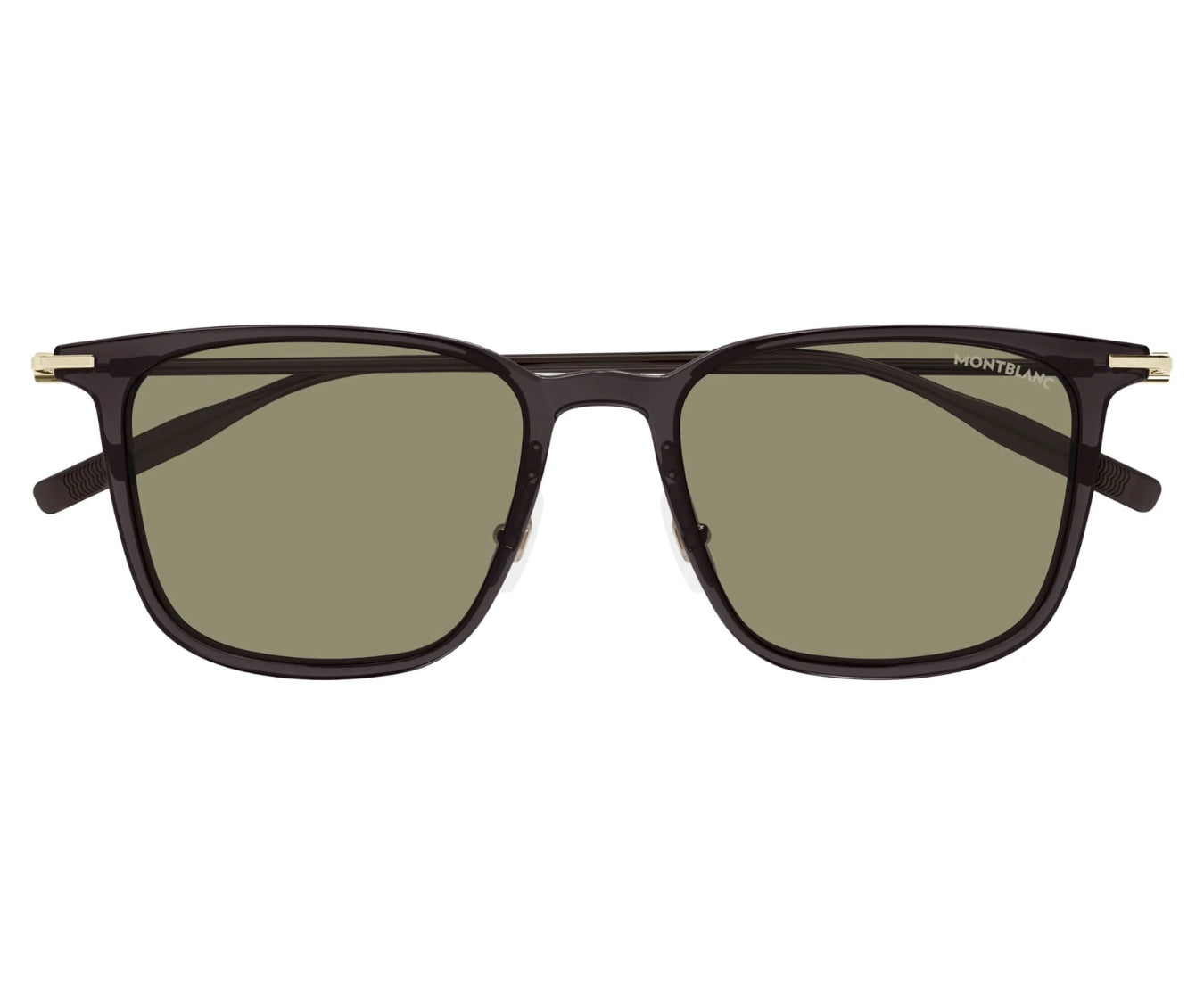 Sunglasses with dark frames and green lenses on a white background