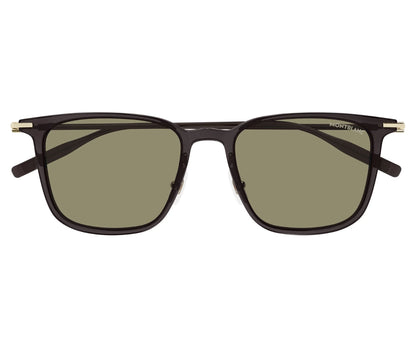 Sunglasses with dark frames and green lenses on a white background