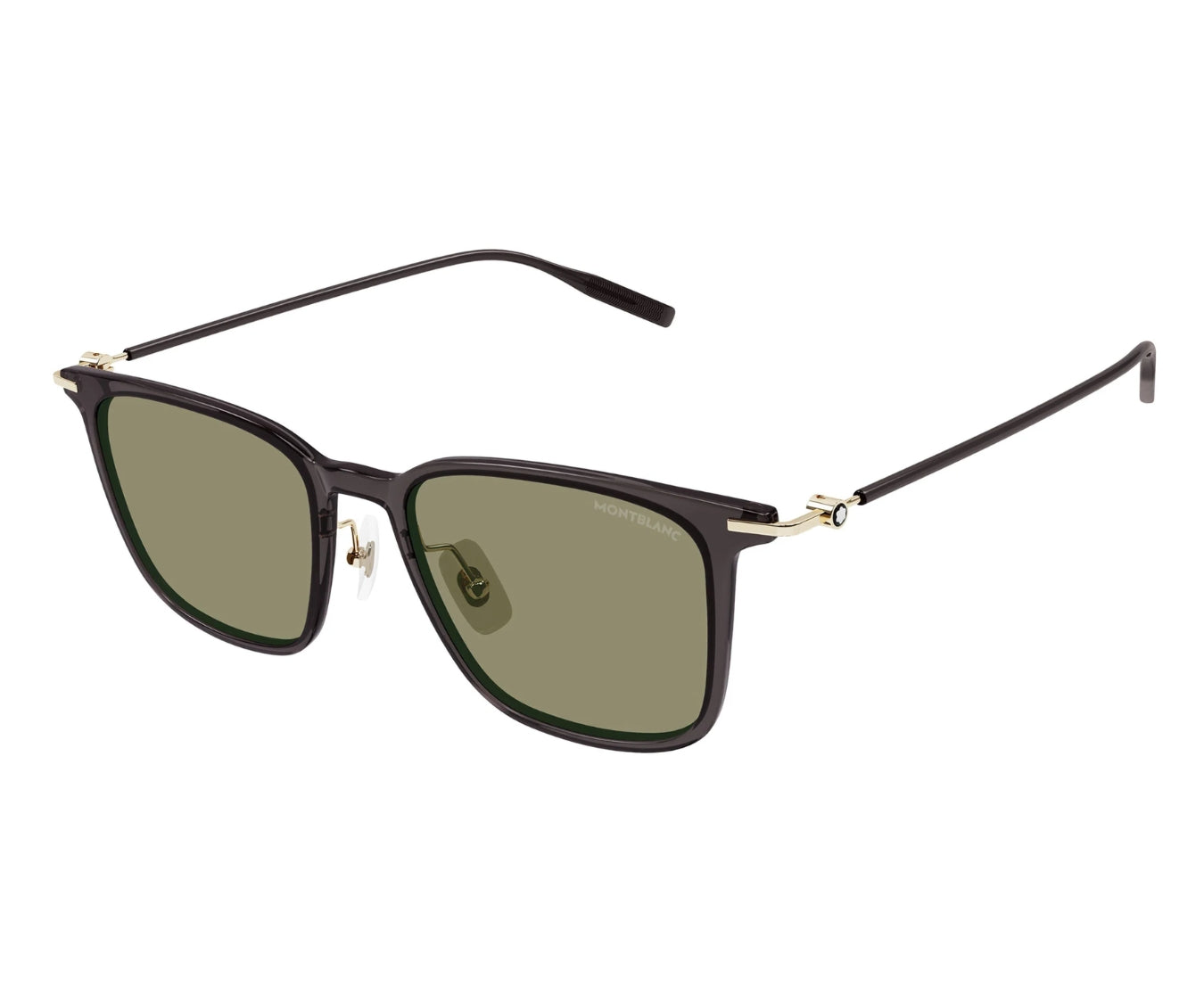 Sunglasses with black frame and green lenses on a white background