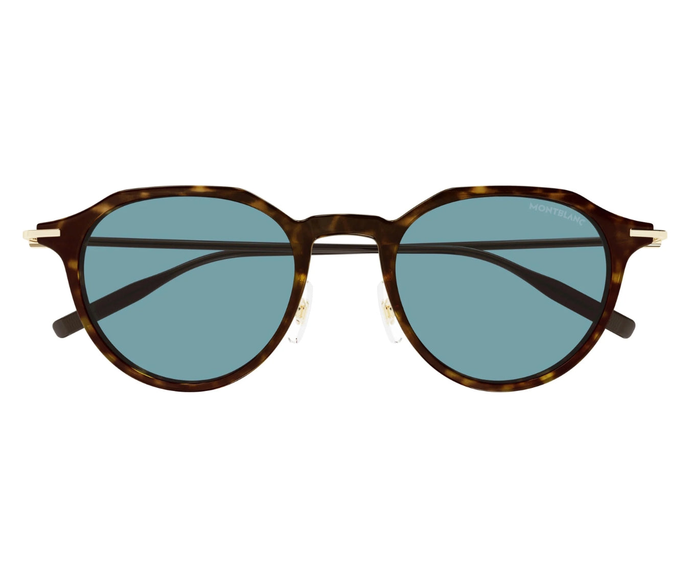 Sunglasses with tortoiseshell frame and blue lenses on a white background