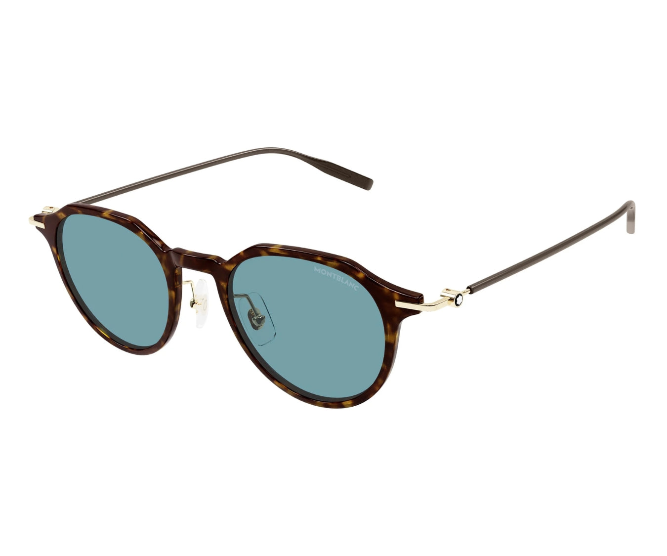 Sunglasses with tortoiseshell frame and blue lenses on a white background