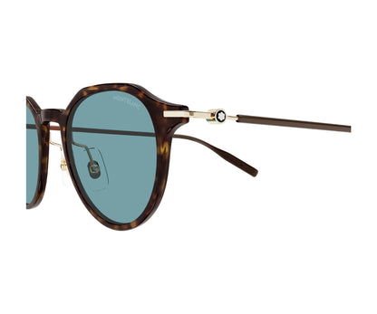 Sunglasses with tortoiseshell frame and blue lenses on a white background