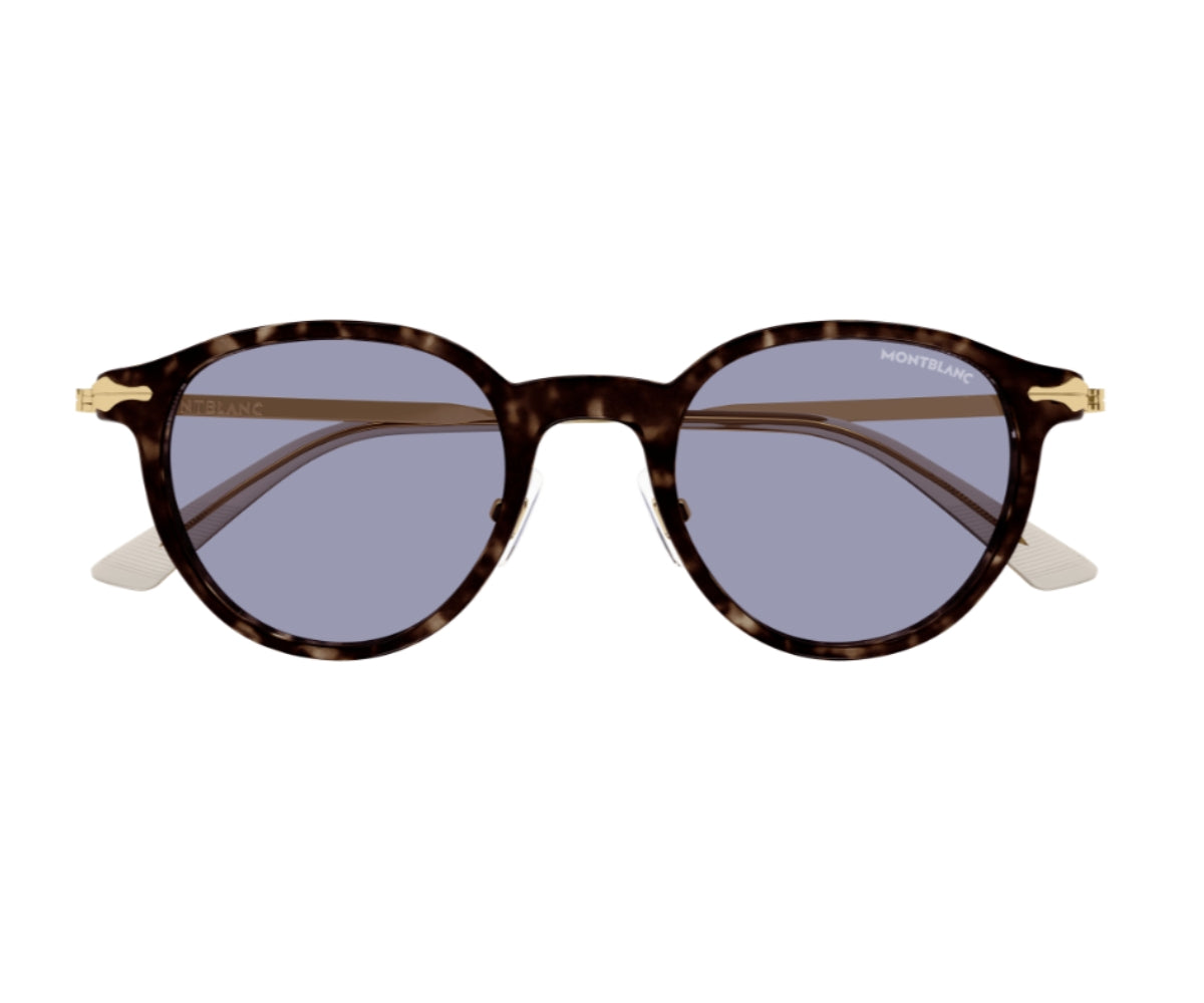 Sunglasses with tortoiseshell frame and blue lenses on a white background