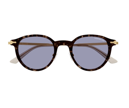 Sunglasses with tortoiseshell frame and blue lenses on a white background