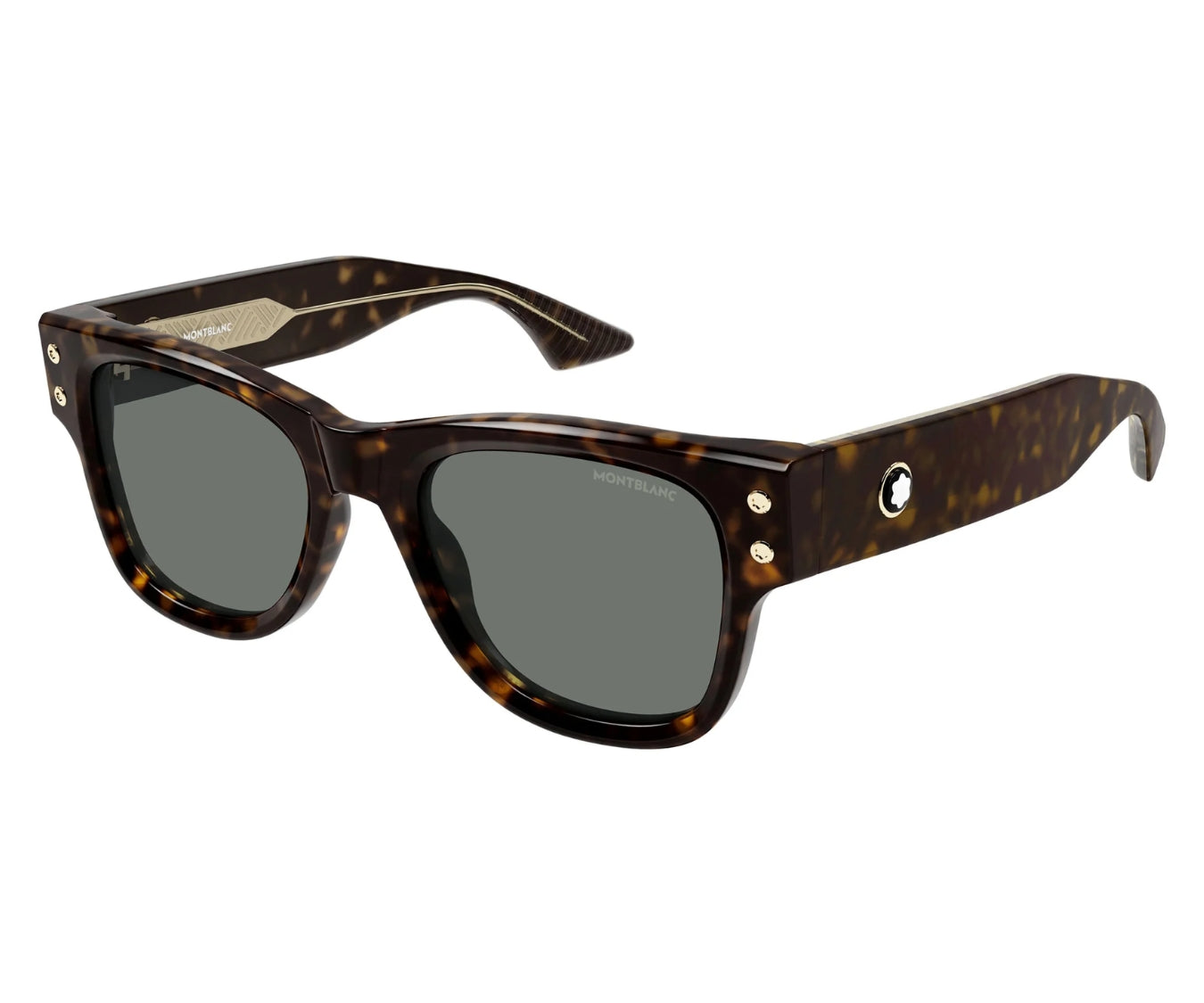 Sunglasses with tortoiseshell frame and dark lenses on a white background