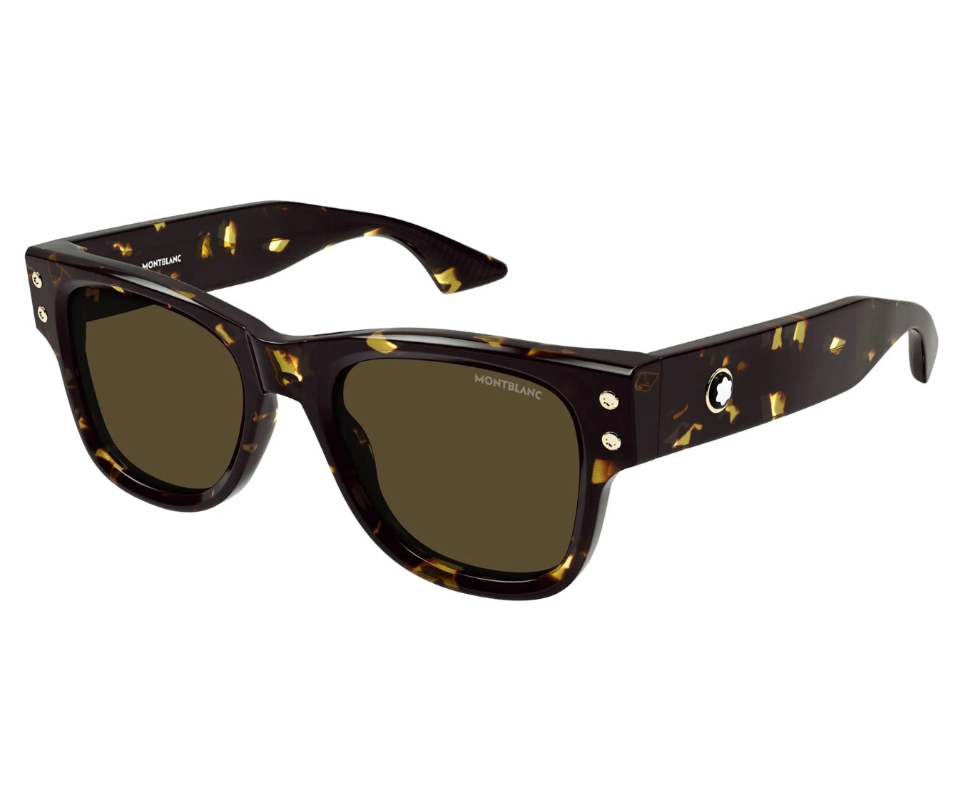 Sunglasses with tortoiseshell frame and dark lenses on a white background