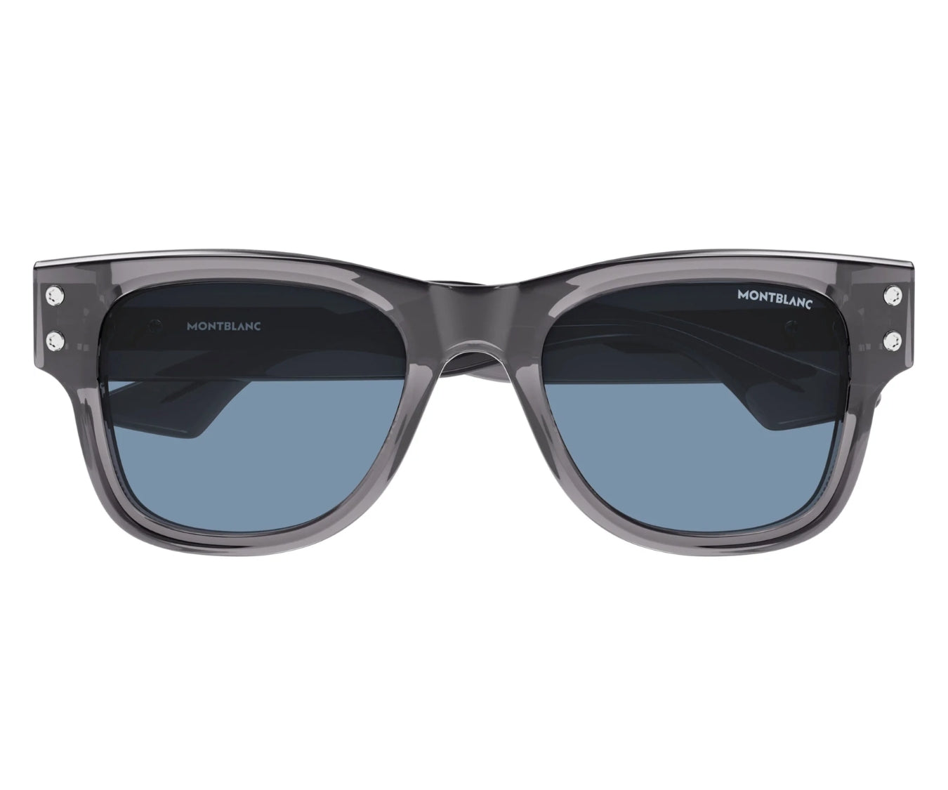 Sunglasses with gray frame and blue lenses on a white background