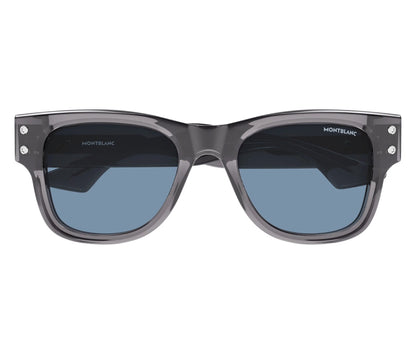 Sunglasses with gray frame and blue lenses on a white background