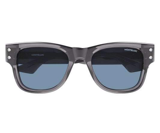 Sunglasses with gray frame and blue lenses on a white background