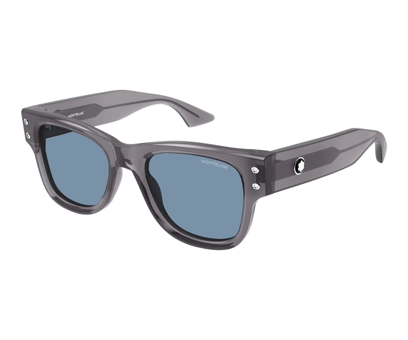 Gray sunglasses with blue lenses on a white background