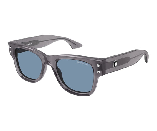 Gray sunglasses with blue lenses on a white background