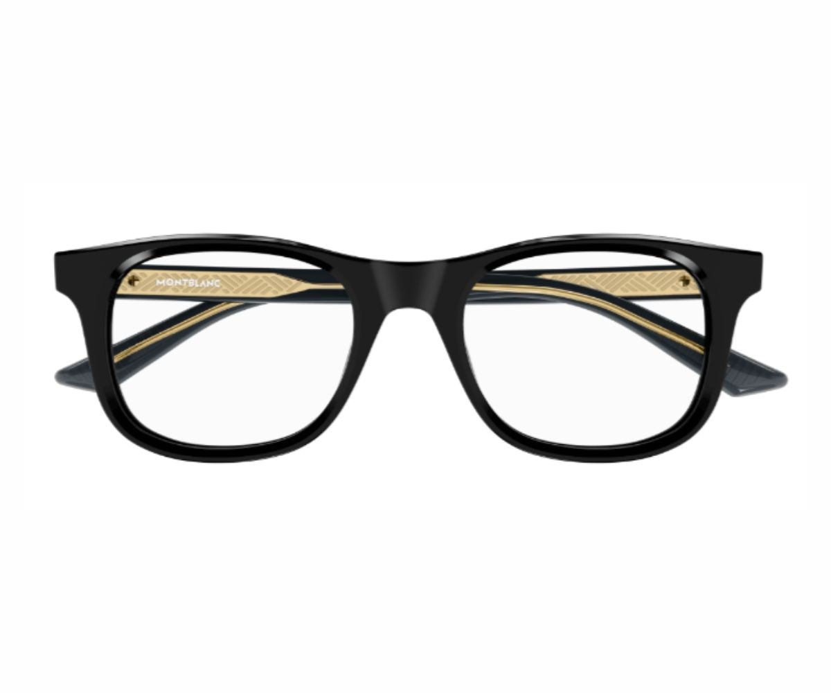 Black eyeglasses with gold accents on a white background