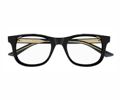 Black eyeglasses with gold accents on a white background