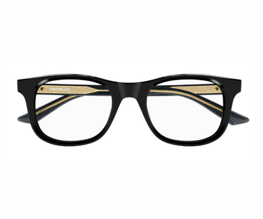 Black eyeglasses with gold accents on a white background