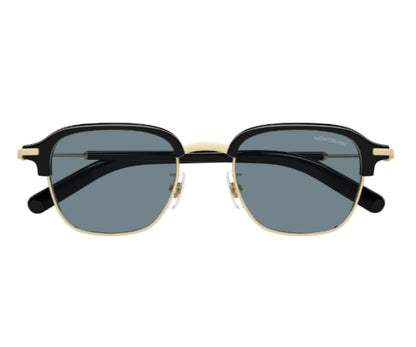 Sunglasses with black frames and gold accents on a white background