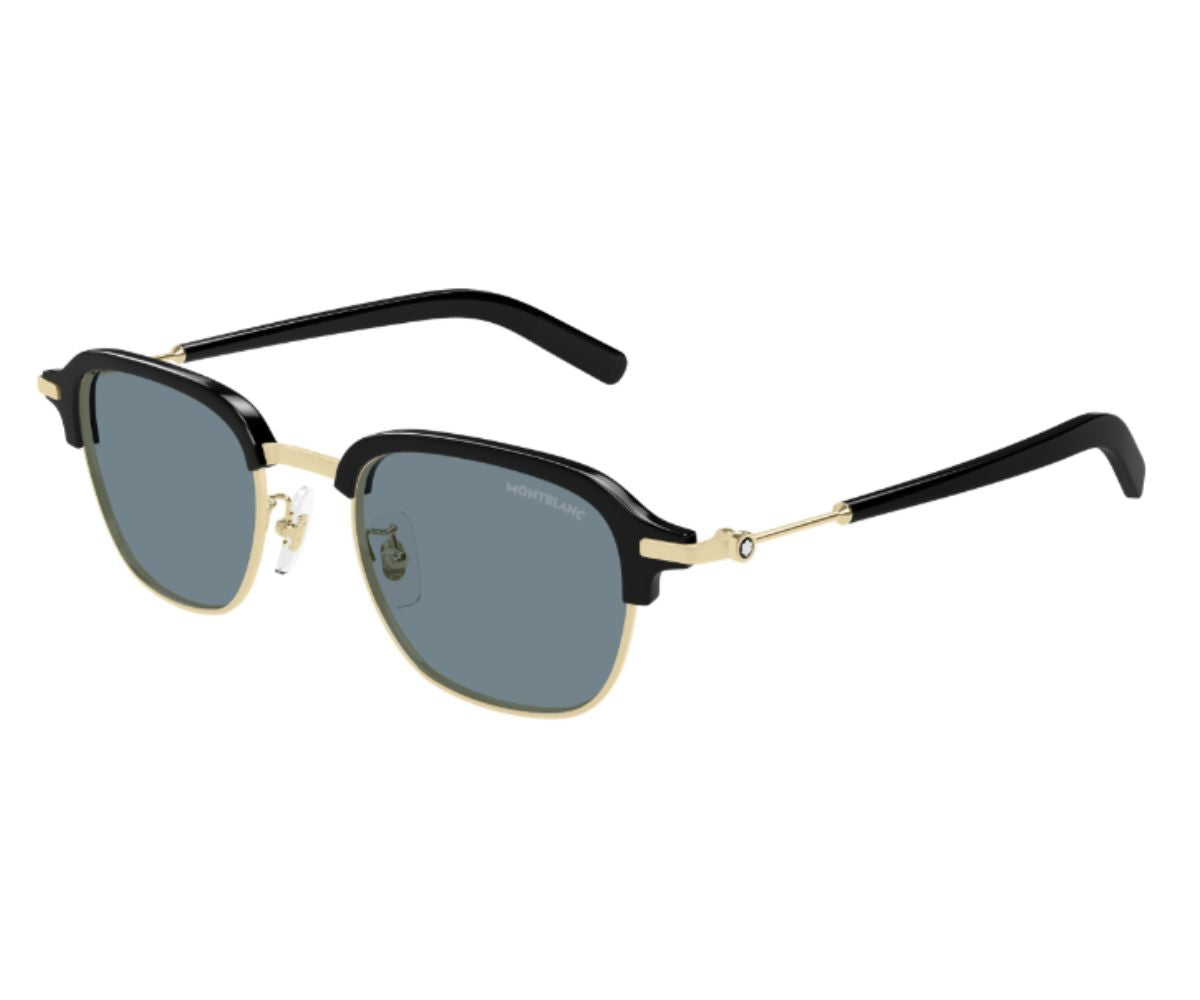 Sunglasses with black and gold frame on a white background