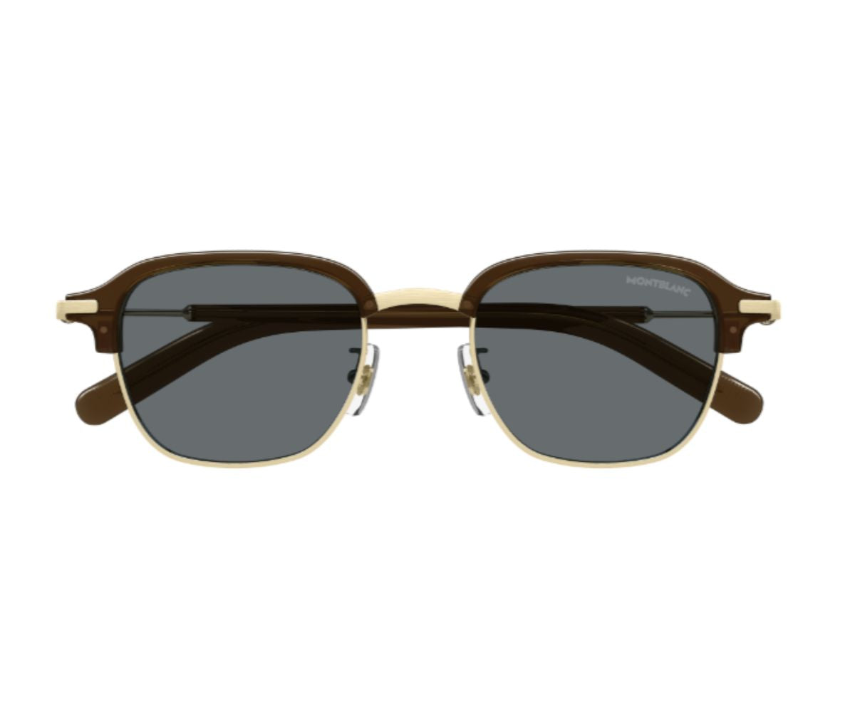Sunglasses with brown frame and dark lenses on a white background