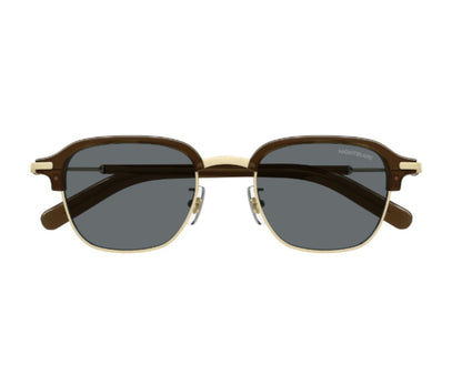 Sunglasses with brown frame and dark lenses on a white background