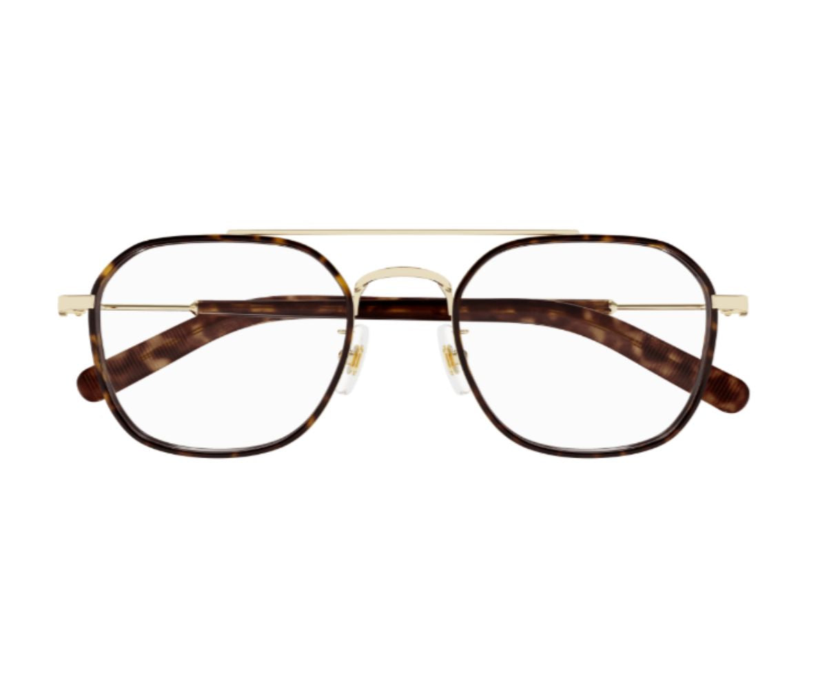 Pair of eyeglasses with a tortoiseshell frame on a white background