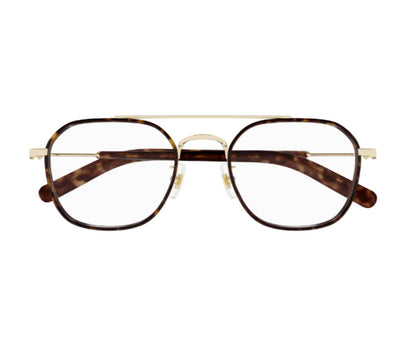 Pair of eyeglasses with a tortoiseshell frame on a white background