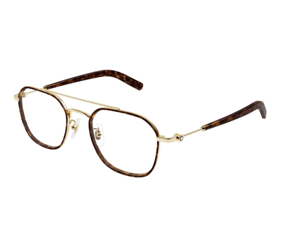 Gold and brown eyeglasses on a white background