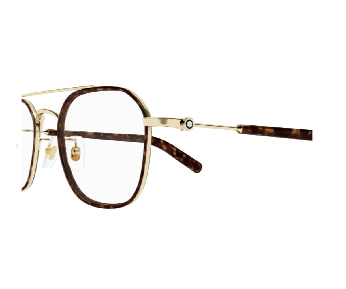 Eyeglasses with gold frame and tortoiseshell arms on a white background