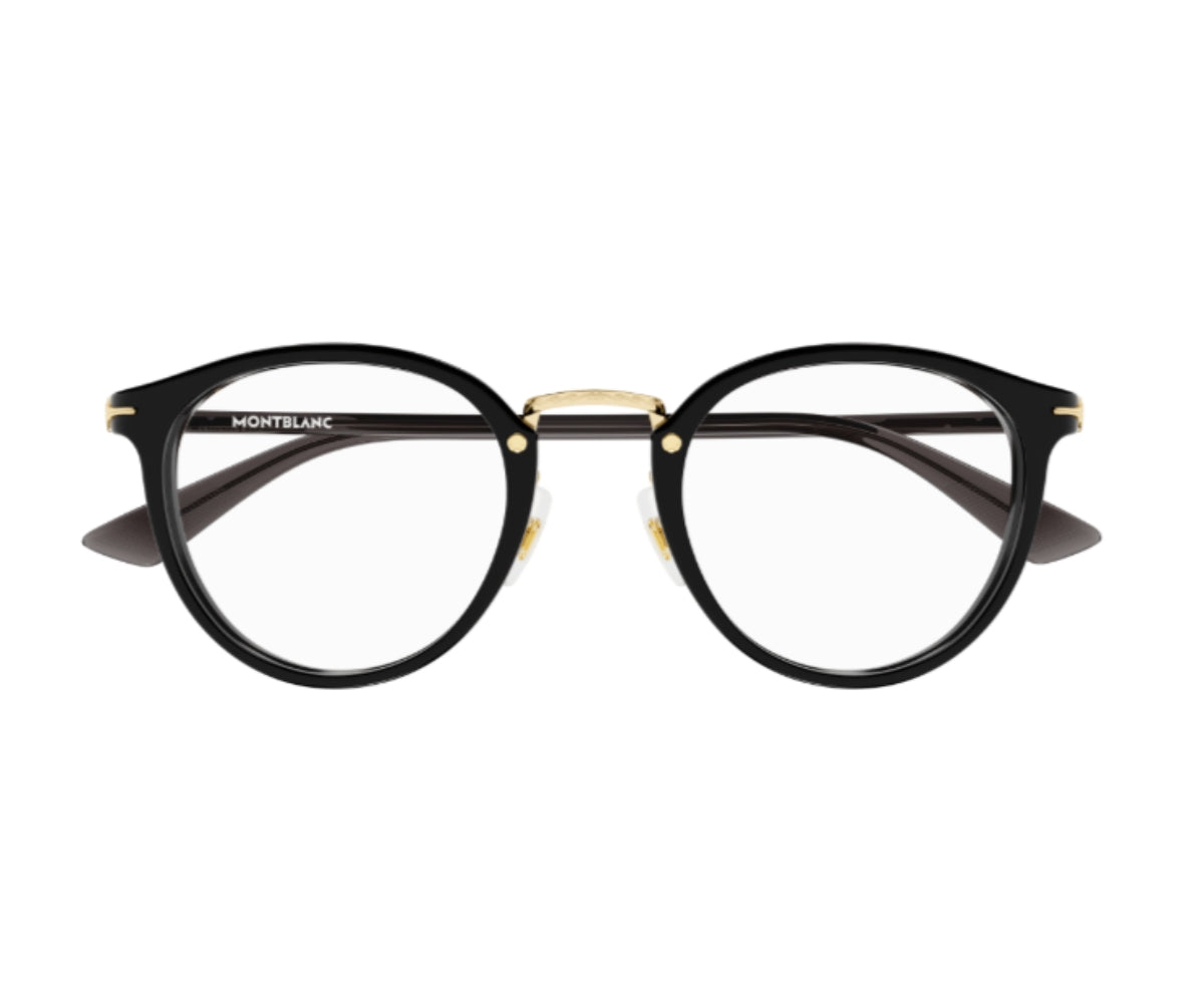 Black round eyeglasses with gold accents on a white background