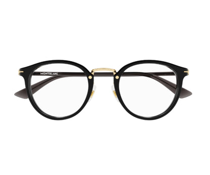 Black round eyeglasses with gold accents on a white background