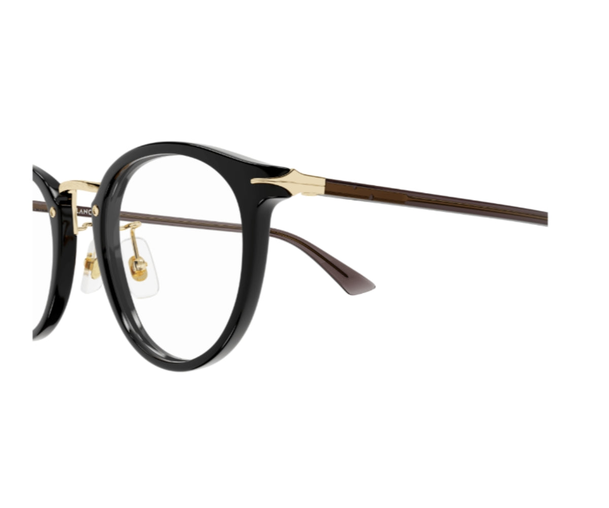 Eyeglasses with black frame and gold accents on a white background