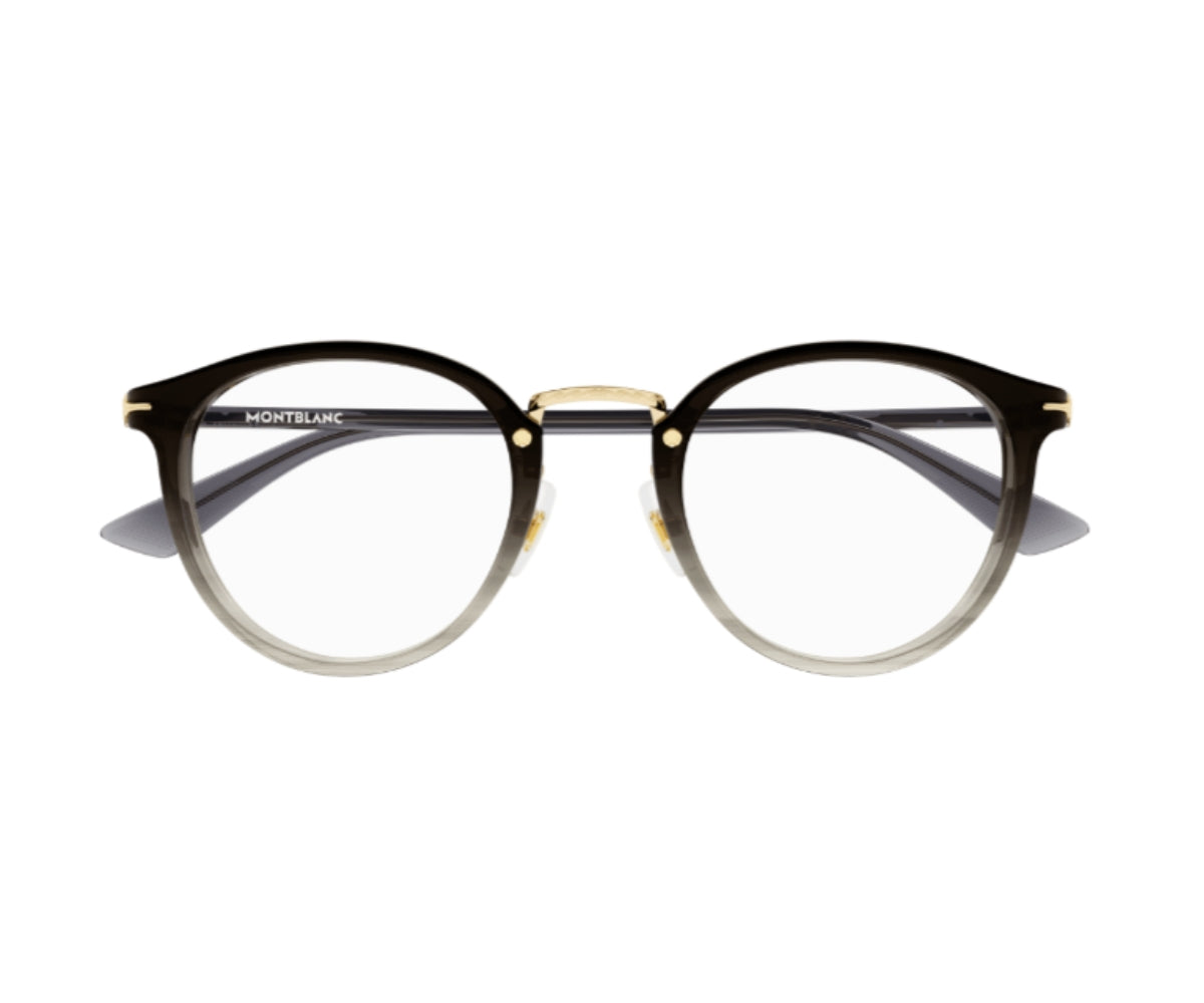Black and gold Montblanc eyeglasses on a white background