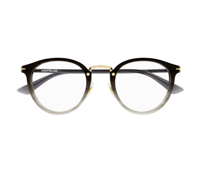 Black and gold Montblanc eyeglasses on a white background