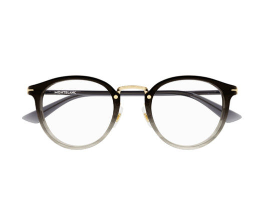 Black and gold Montblanc eyeglasses on a white background