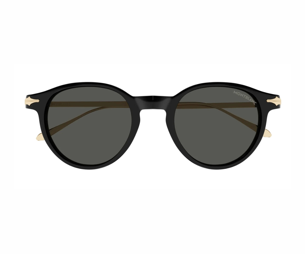 Black round sunglasses with gold accents on a white background