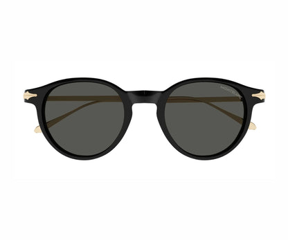 Black round sunglasses with gold accents on a white background