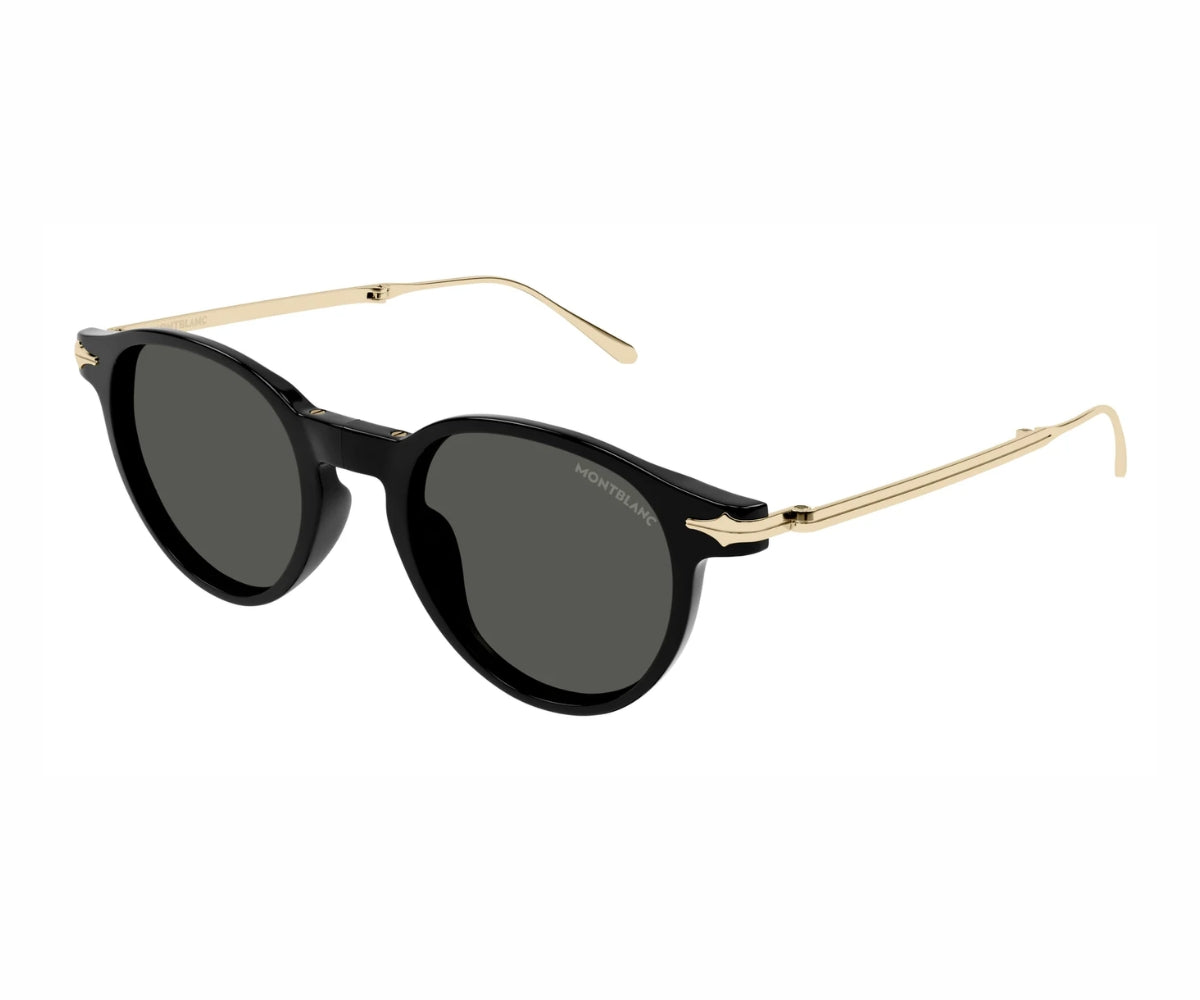 Sunglasses with black lenses and gold frames on a white background