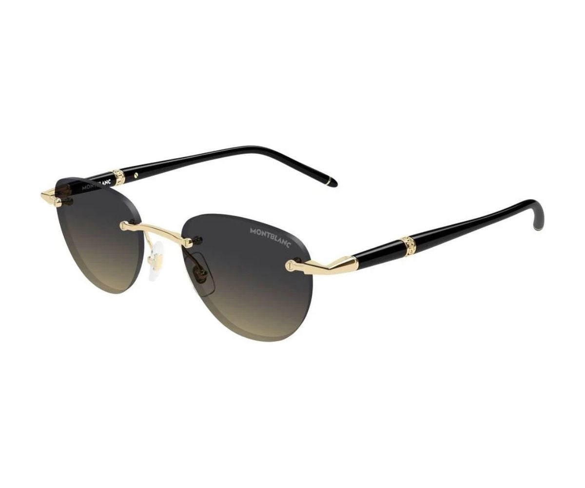 Sunglasses with black and gold frame on a white background
