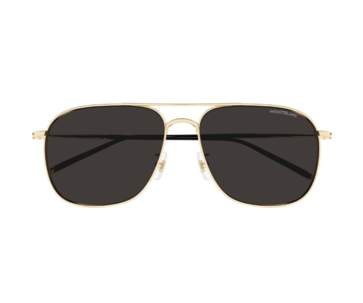 Gold-framed sunglasses with dark lenses on a white background