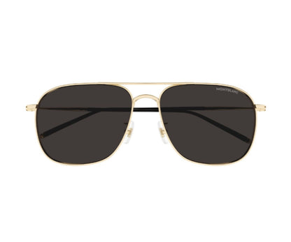 Gold-framed sunglasses with dark lenses on a white background