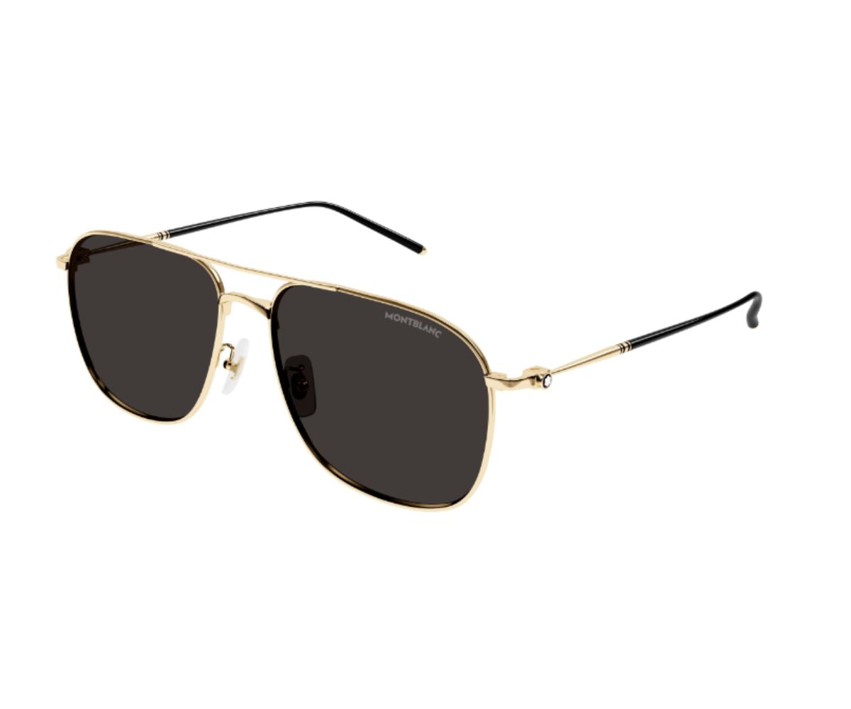 Gold-framed sunglasses with black lenses on a white background